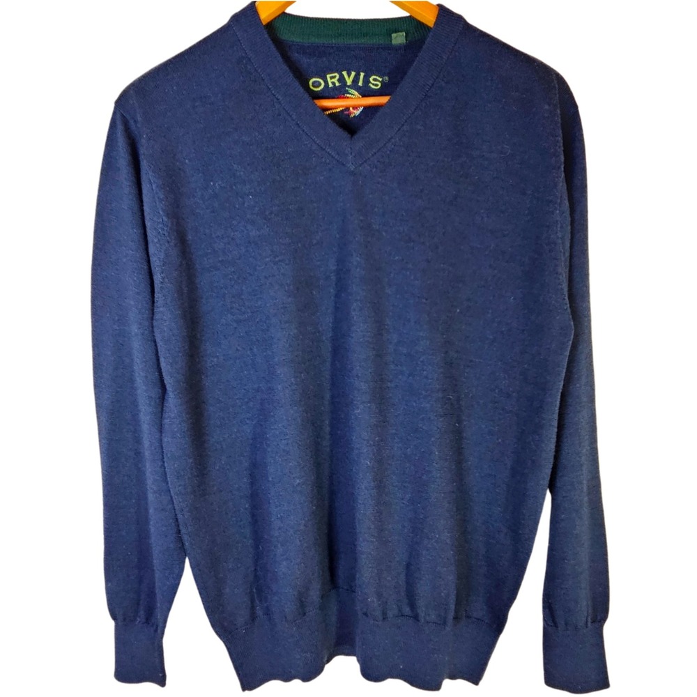 Orvis Fly Fishing Merino Wool V-Neck Sweater Mens Medium Navy Preppy Classic